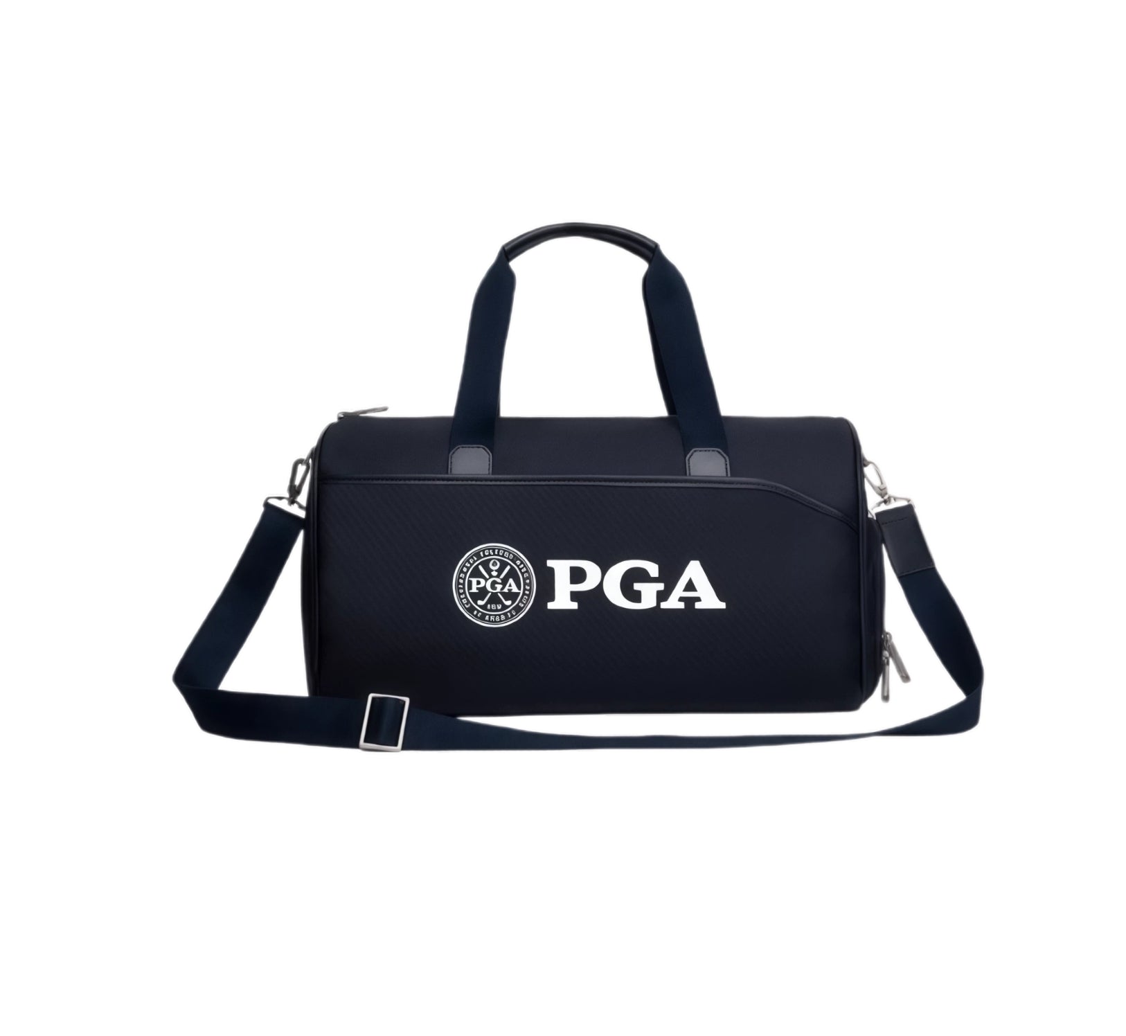 Front view of the black PGA Tour duffel bag with white "PGA" lettering and circular logo. Features durable fabric, dual handles, and adjustable crossbody strap.