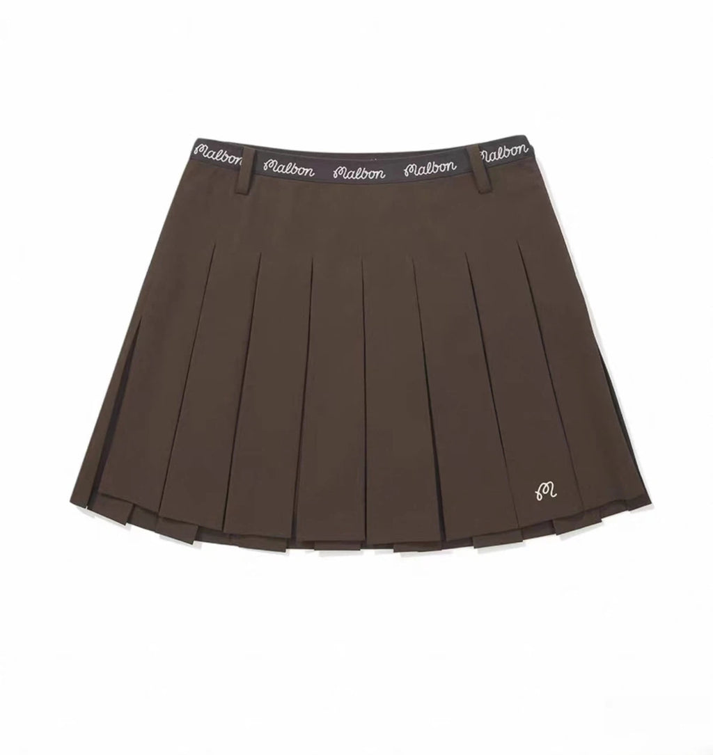 Malbon Studio Seoul High-Low Pleated Skirt Brown pleated golf skirt detail view