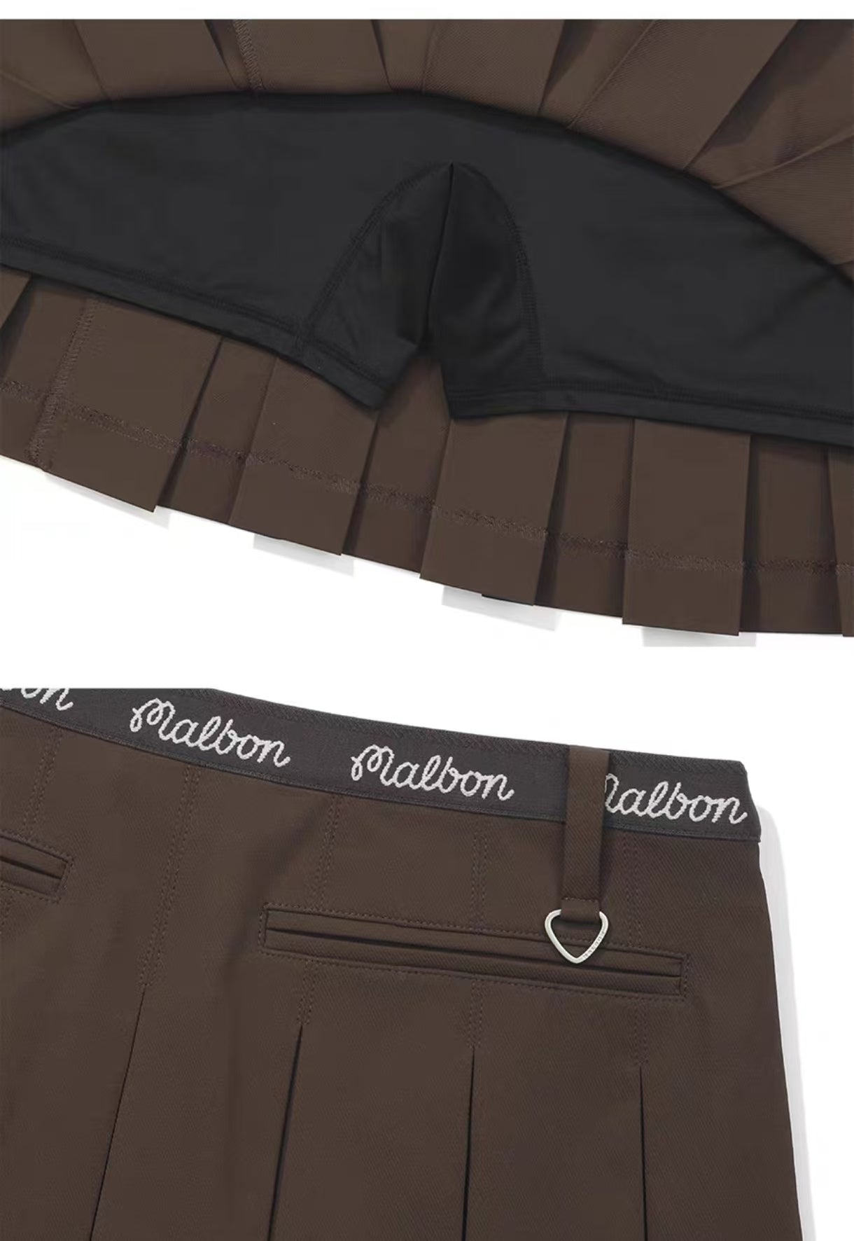 Malbon Studio Seoul High-Low Pleated Skirt Brown pleated golf skirt detail view