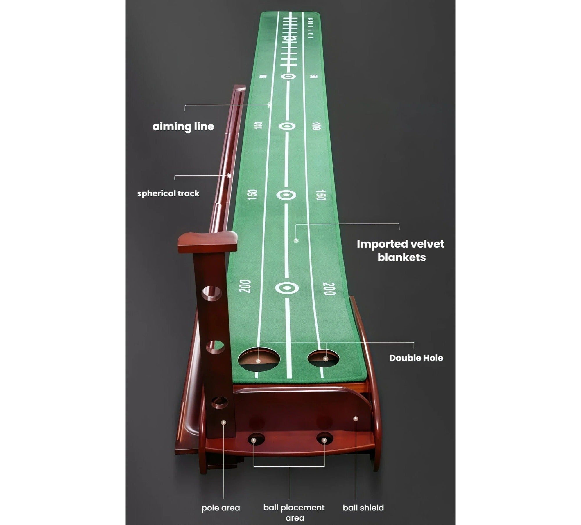 Full side view of the Caiton golf putting mat set up on a white background, displaying the 262cm length, dual cup holes, and the vertical ball return stand.

