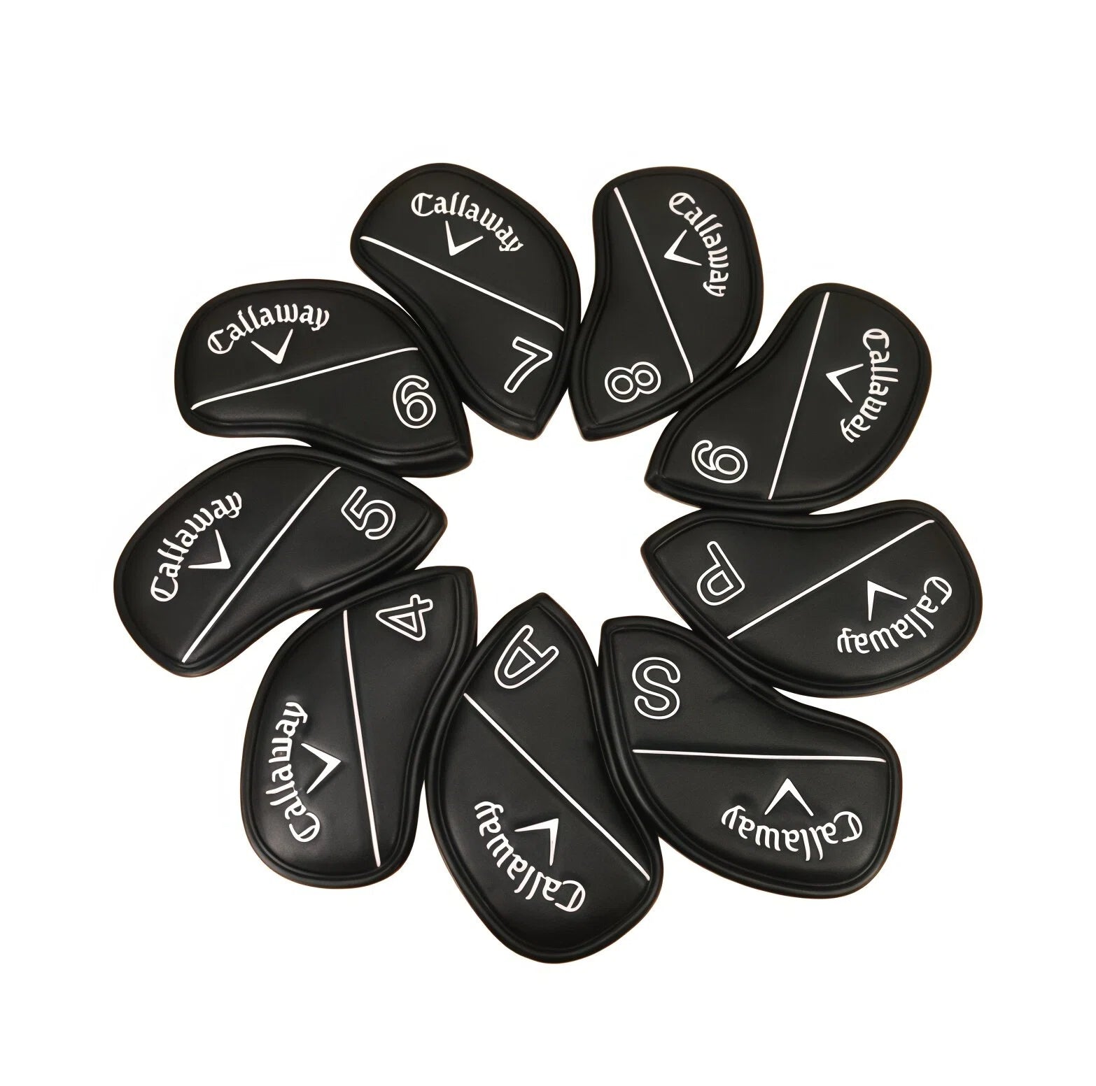 Premium black leather Callaway iron headcovers displayed in flower pattern — each cover features embroidered Callaway logo and club number/letter (4,5,6,7,8,9,P,S,A) — ideal for protecting forged or cavity back irons