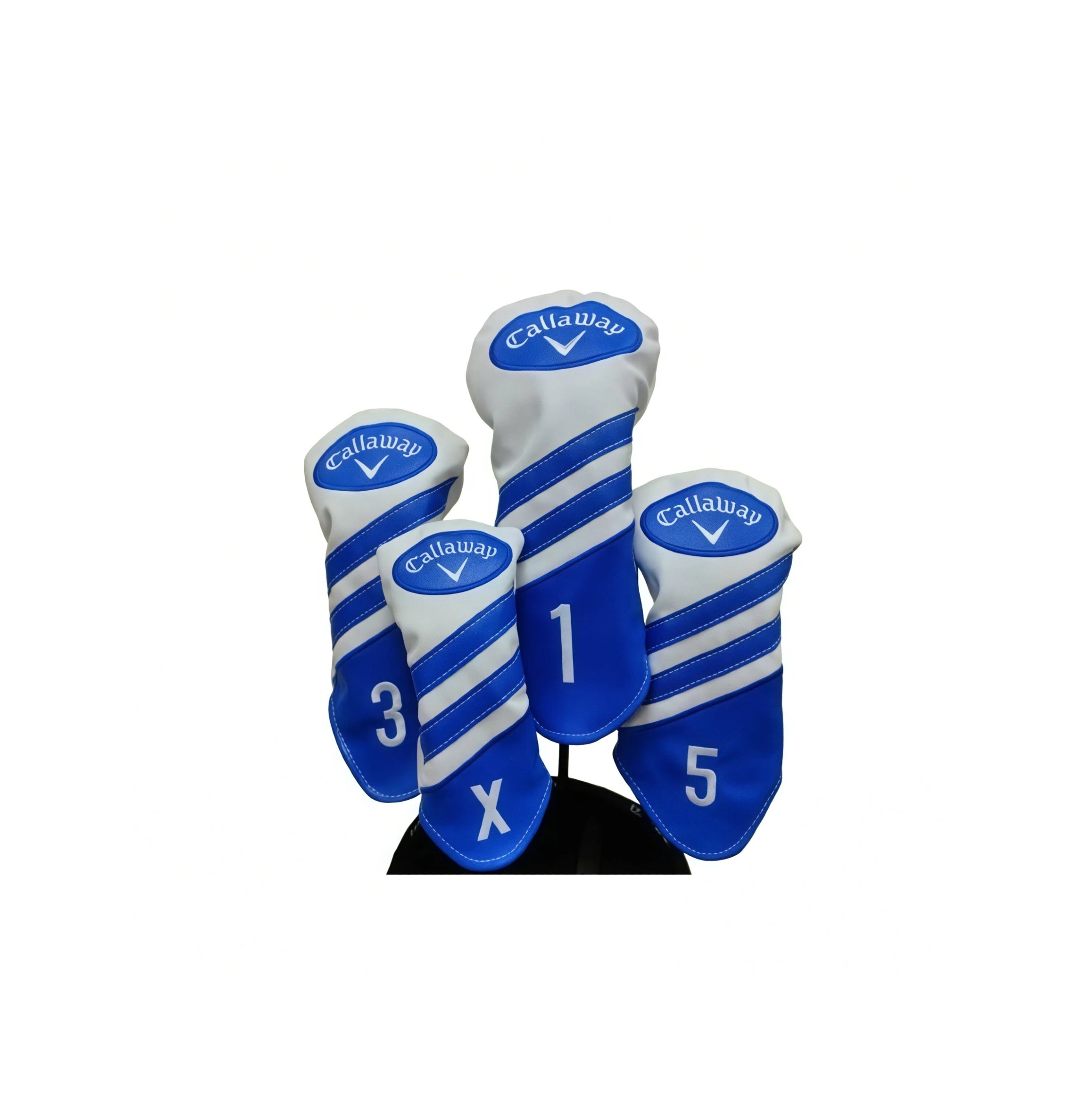 Alternative colorway of Callaway wood headcovers — white top panel with blue base and matching diagonal stripes; labeled 1, 3, 5, X; perfect for players who prefer high-contrast styling while maintaining brand authenticity and functional protection