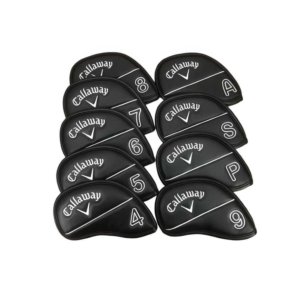 Set of 10 Callaway black leather iron headcovers with white stitching and logo — includes covers for irons 4,5,6,7,8,9,P,S,A — premium protection with classic golf styling for men’s or women’s clubs
