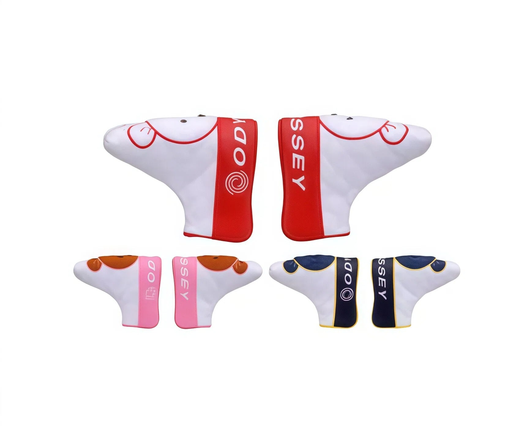 Collection of 2024 Callaway Odyssey teddy bear putter headcovers in three colors: red/white, pink/white, and navy/yellow — all feature plush bear tops, quilted bodies, and long-blade fit for maximum style and club protection