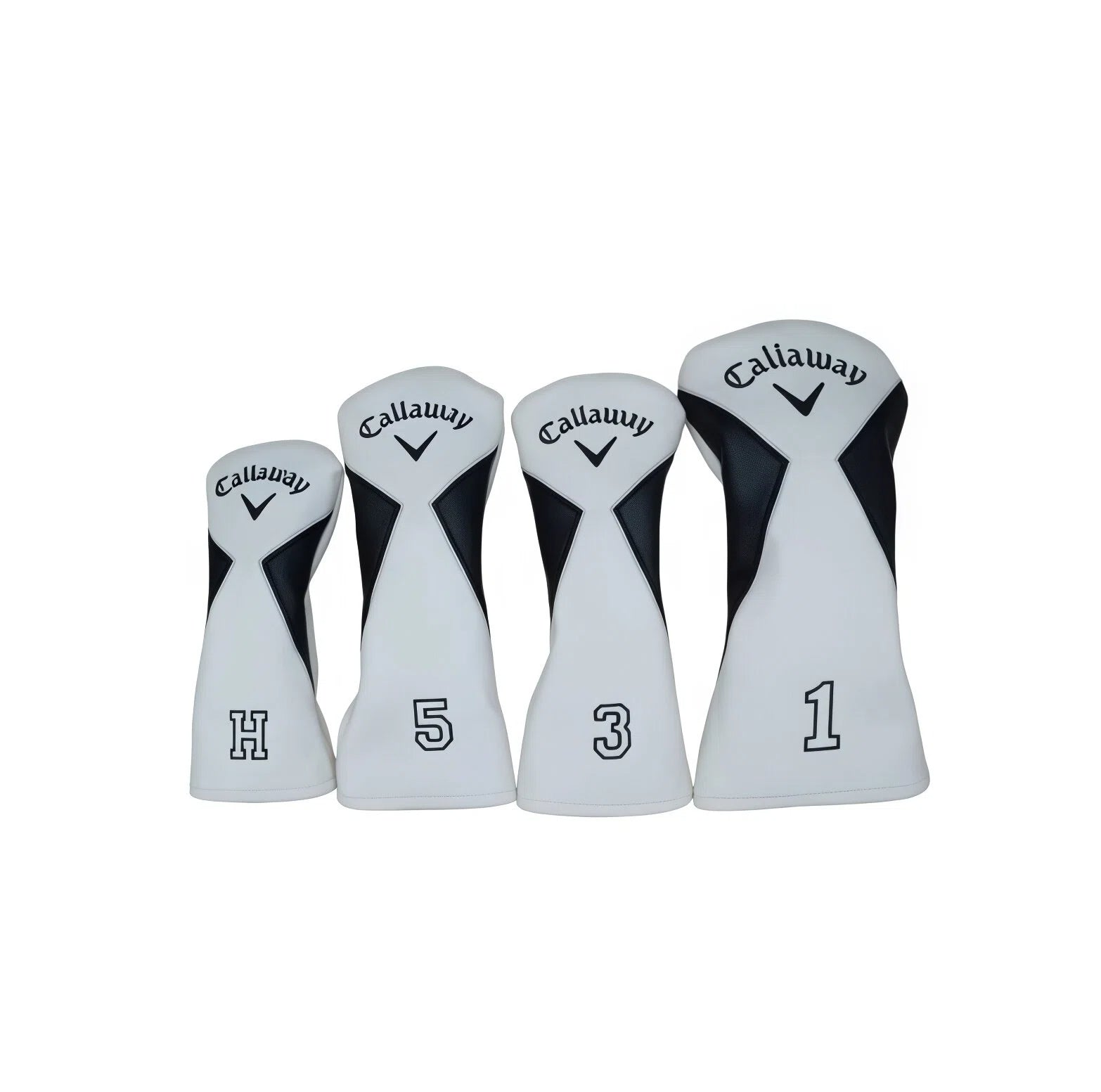 Classic black-and-white Callaway golf wood headcover set — labeled 1, 3, 5, and H — made from durable synthetic leather with textured carbon fiber inserts; designed to protect drivers, fairway woods, and hybrids from scratches and dings during travel or play