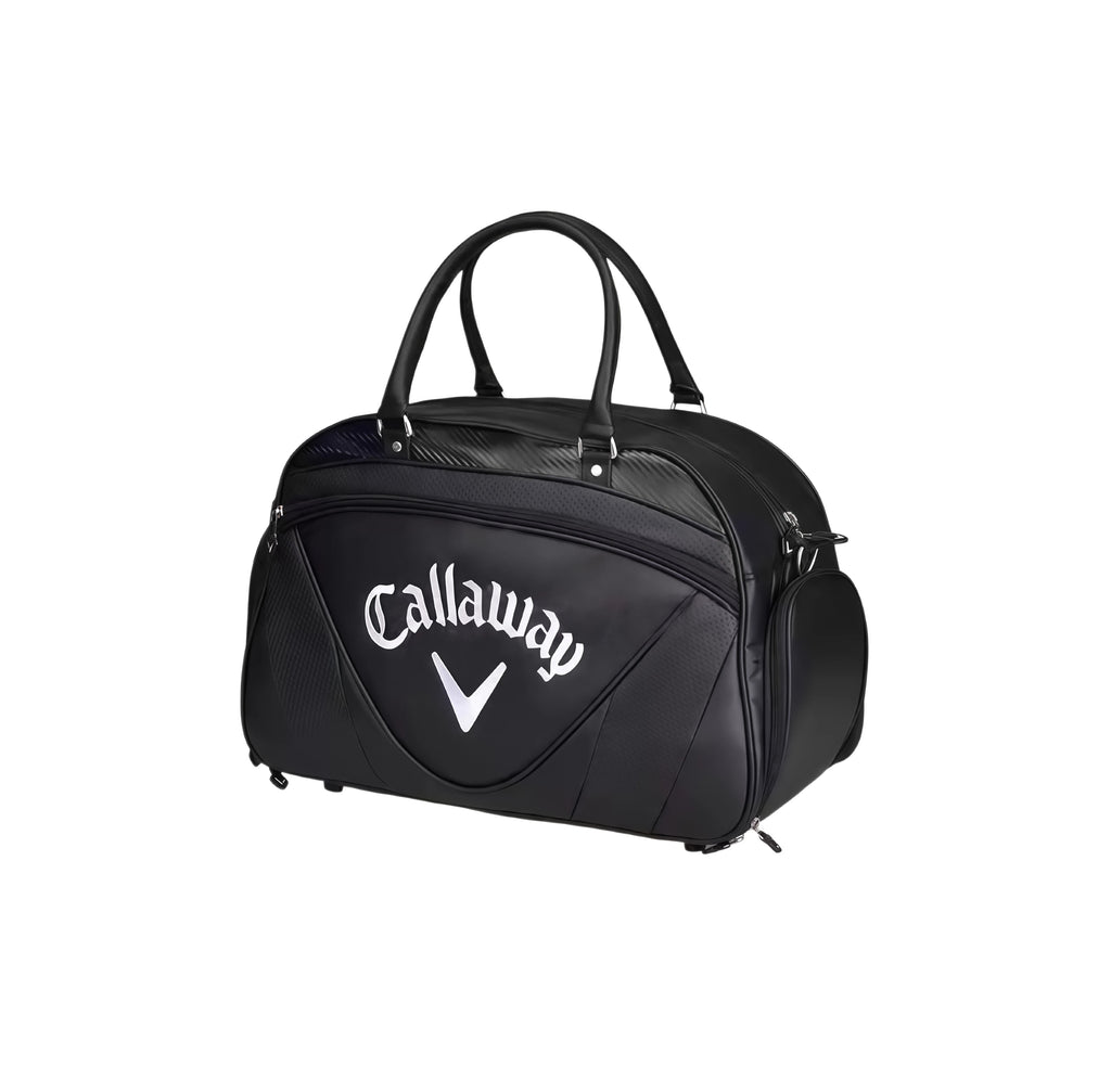 Black Callaway duffel bag featuring white script logo, carbon fiber texture, and sleek design. Perfect for men’s golf and travel gear.