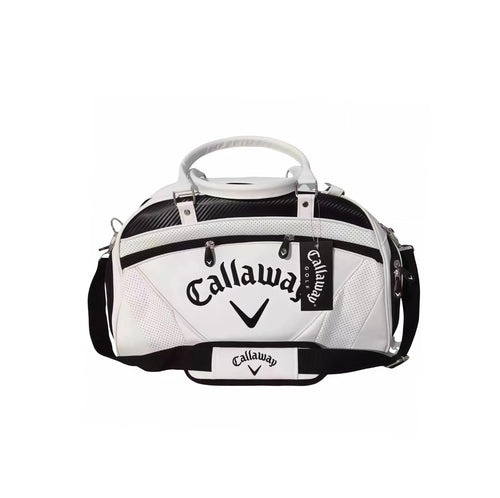 White Callaway Exia Premium Golf Boston Bag with black trim, quilted stitching, and perforated side panels. Features embossed logo, dual-zip closure, and top handle for stylish carry.