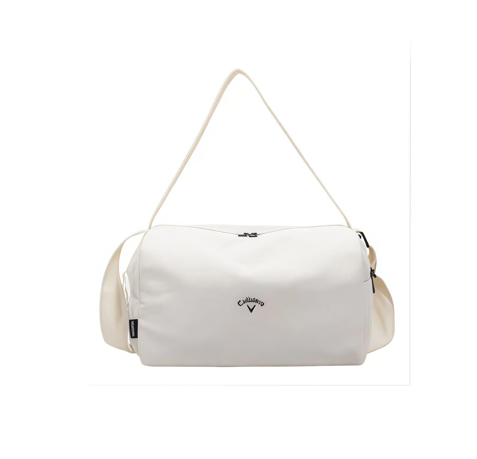 White duffel bag with a brand logo on a white background