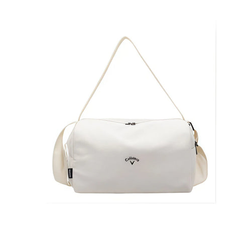 White duffel bag with a brand logo on a white background