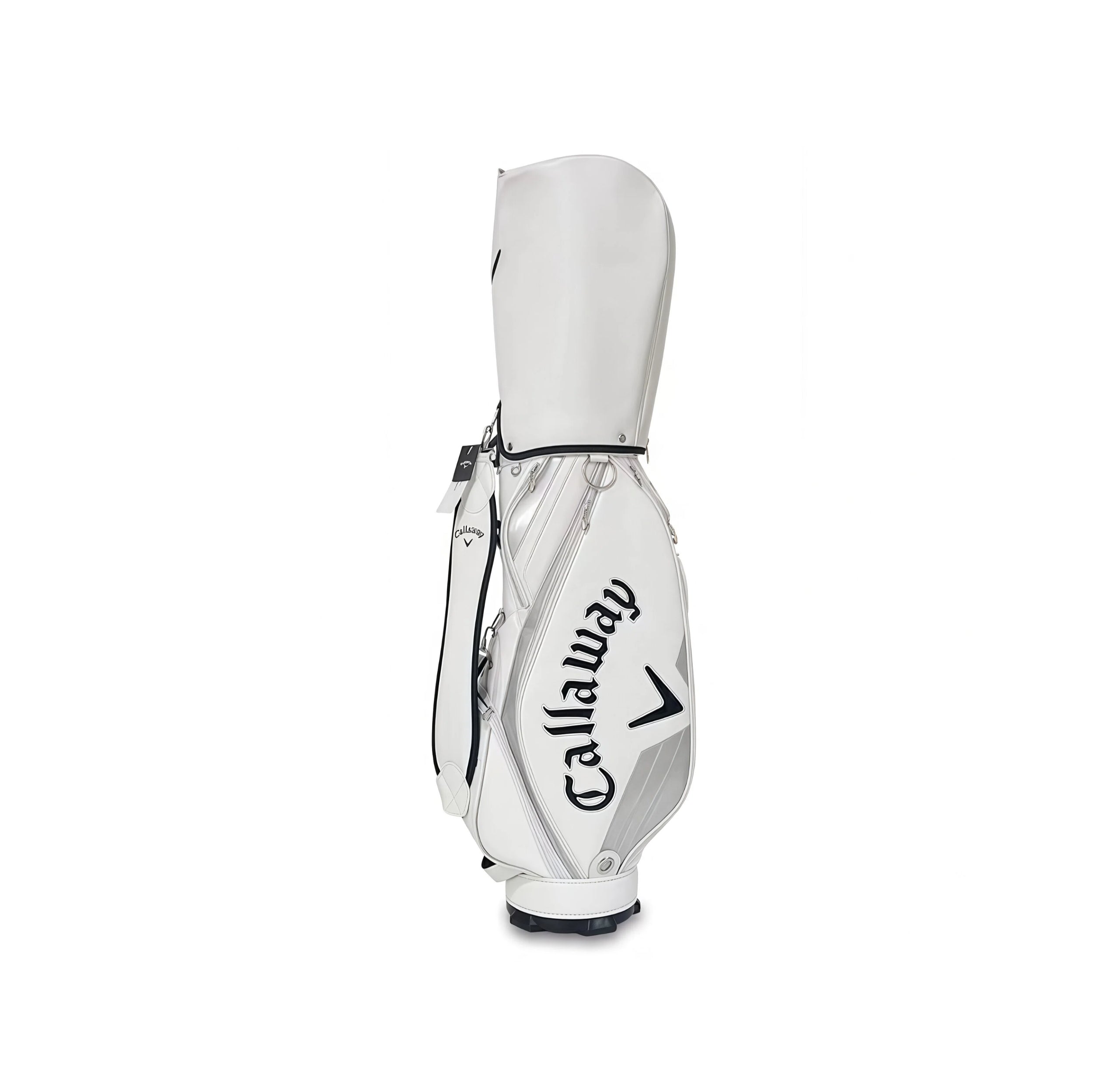 All-white Callaway Quantum staff golf bag with black logo and clean lines. Elegant and timeless design for professional golfers.