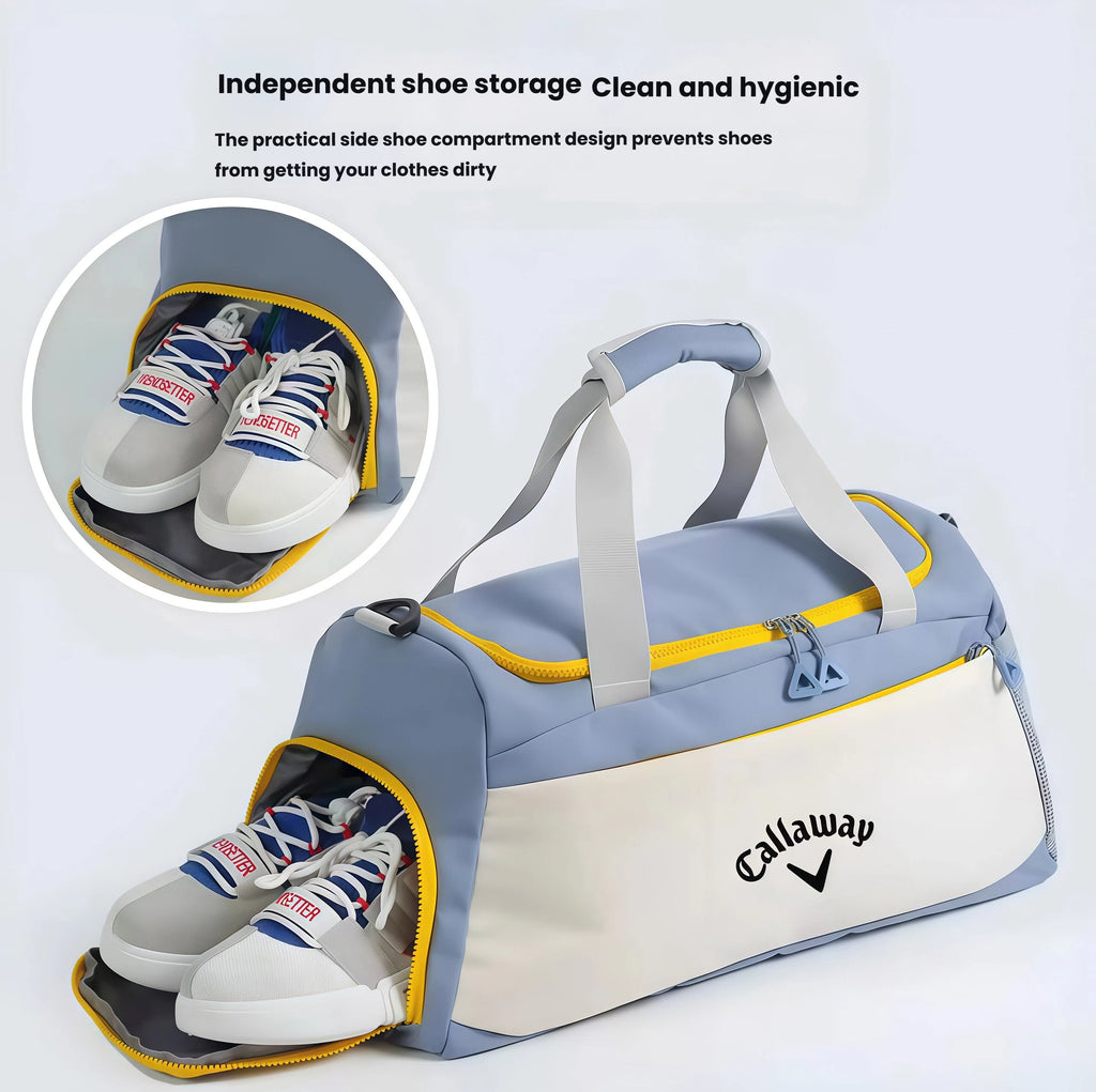 Callaway Sport Boston Bag with open side shoe compartment holding sneakers. Prevents shoes from dirtying clothes. Practical design for active lifestyles.