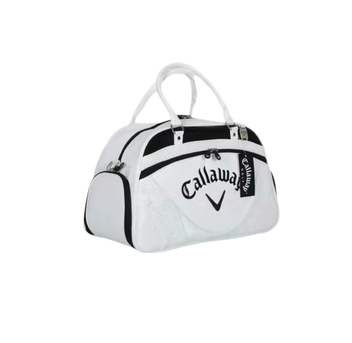 White Callaway duffel bag with black accents, perforated sides, and visible brand tag. Stylish and functional for everyday use.
