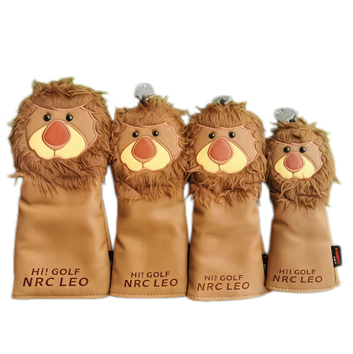 Front view of a set of four cartoon lion golf headcovers featuring brown faux fur manes, embroidered faces with big noses and black eyes, and tan PU bodies with "HI! GOLF NRC LEO" text printed on the front.
