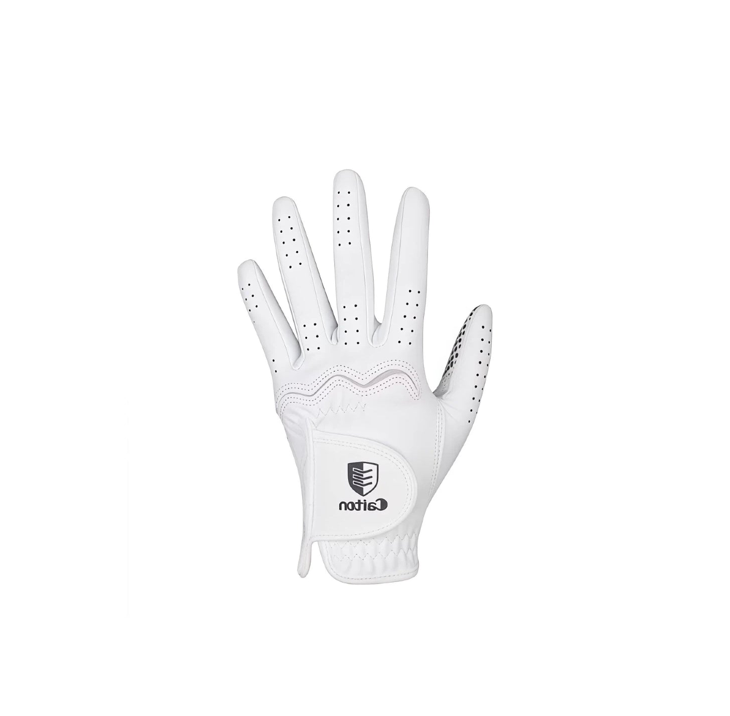  Cation women's golf gloves in white, featuring a breathable perforated design on the fingers, anti-slip palm, and a secure velcro wrist strap with the Cation logo for enhanced grip and comfort.