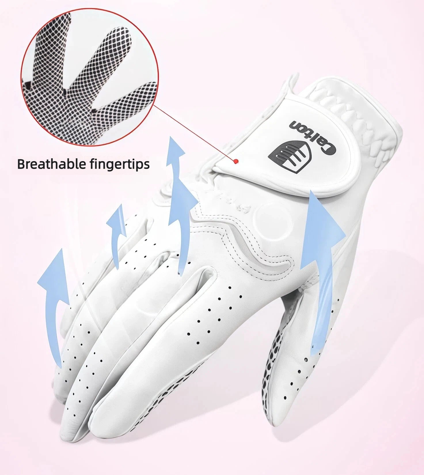  Detailed view of Cation women's golf gloves emphasizing the breathable fingertips, designed to keep hands cool and dry, with a focus on the perforated material and comfortable fit.