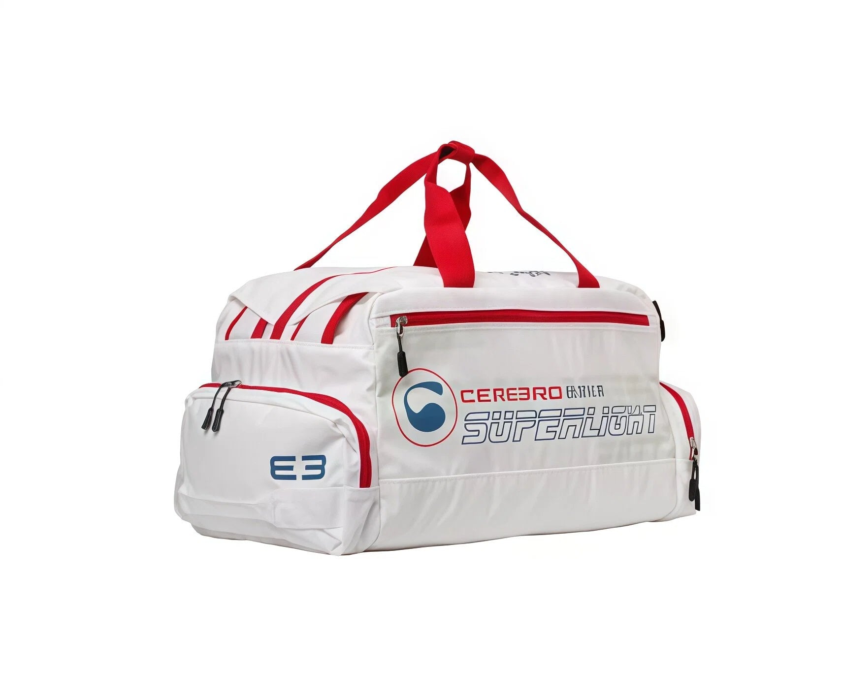 White Cerebro superlight golf duffel bag with red accents, multiple pockets, and brand logo. Designed for comfort and organization on the course.