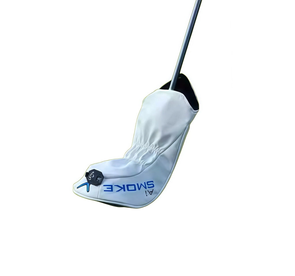 Detailed view of white Callaway Smoke AI iron headcover fitted on club — shows magnetic snap closure, "SMOKE AI" text in blue, and soft interior lining to protect clubface; ideal for precision irons and cavity-back designs