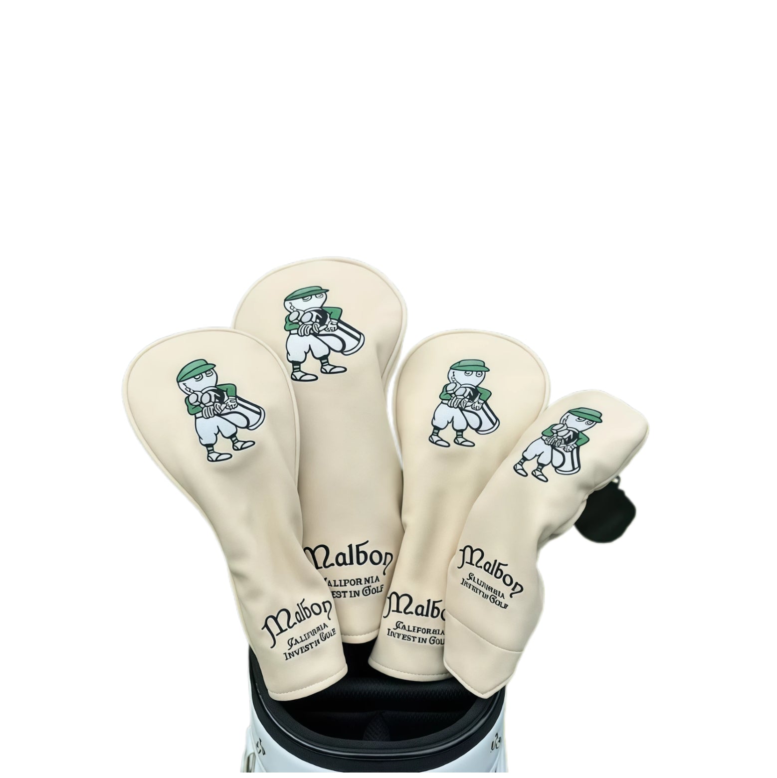 Cream colored Universal Leather Golf Headcover set with green-accented cartoon caddy embroidery, including wood, hybrid, and putter covers, suitable for standard and mallet putters.