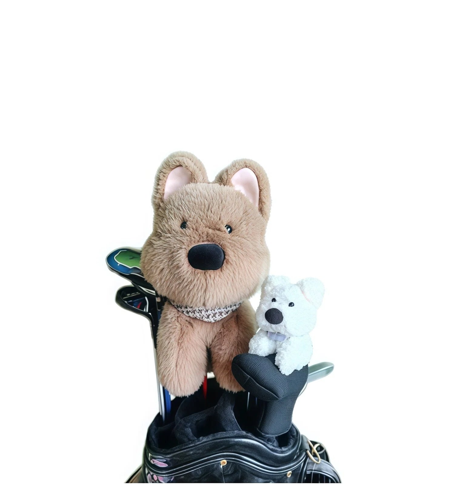 Cute Westie golf headcovers set in brown plush with patterned collar, offering durable protection for driver, fairway woods, and irons with a stylish design.