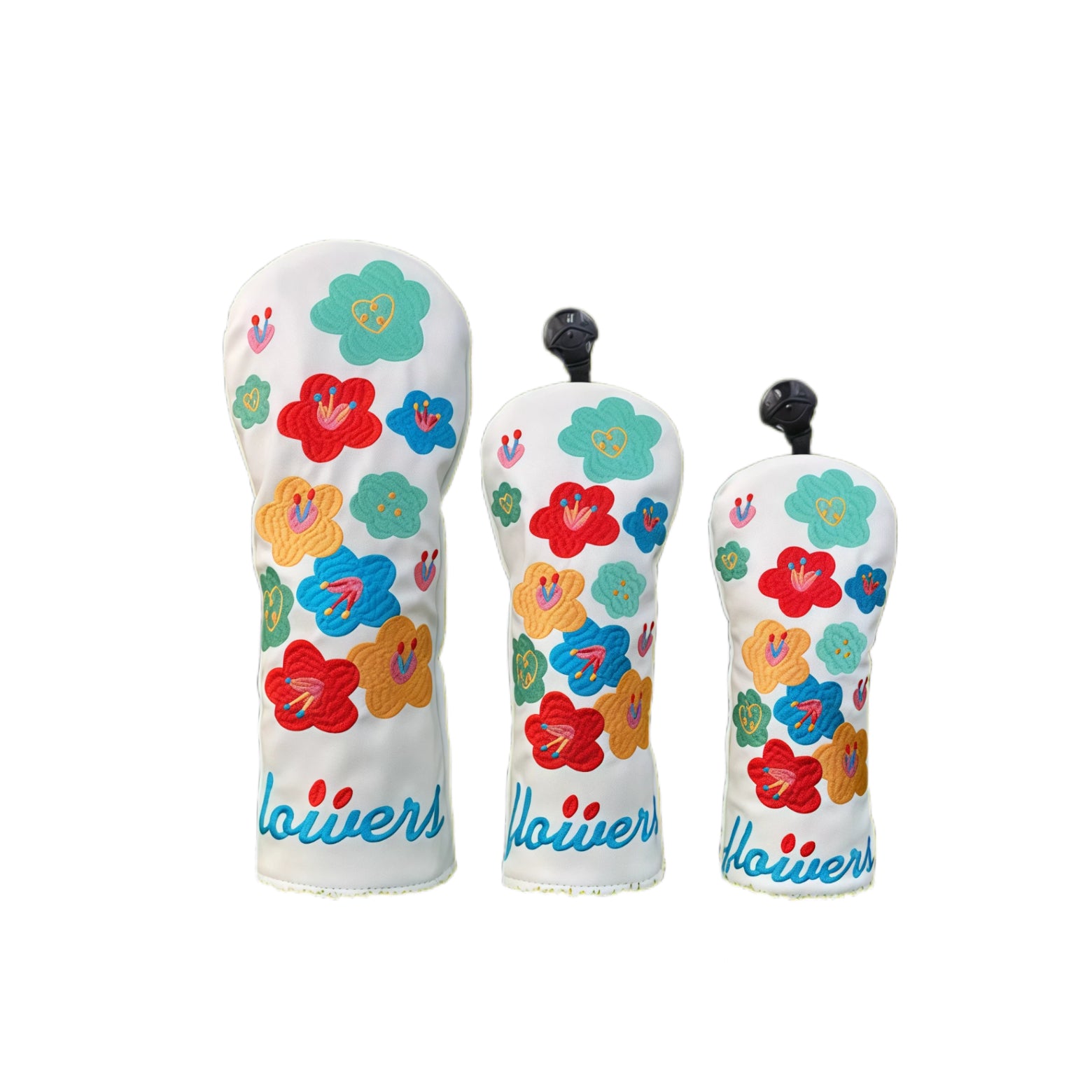 Set of three embroidered PU golf wood headcovers with colorful flower patterns and “flowers” text, compatible with driver, fairway woods, and utility clubs.