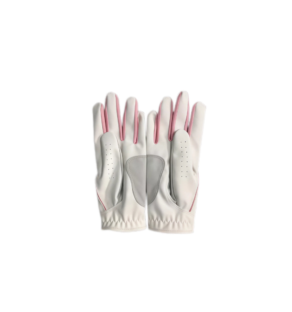  Palm view of the FootJoy HyperFLX golf gloves, displaying the durable synthetic palm patch, flexible pink piping between fingers, and superior grip technology.