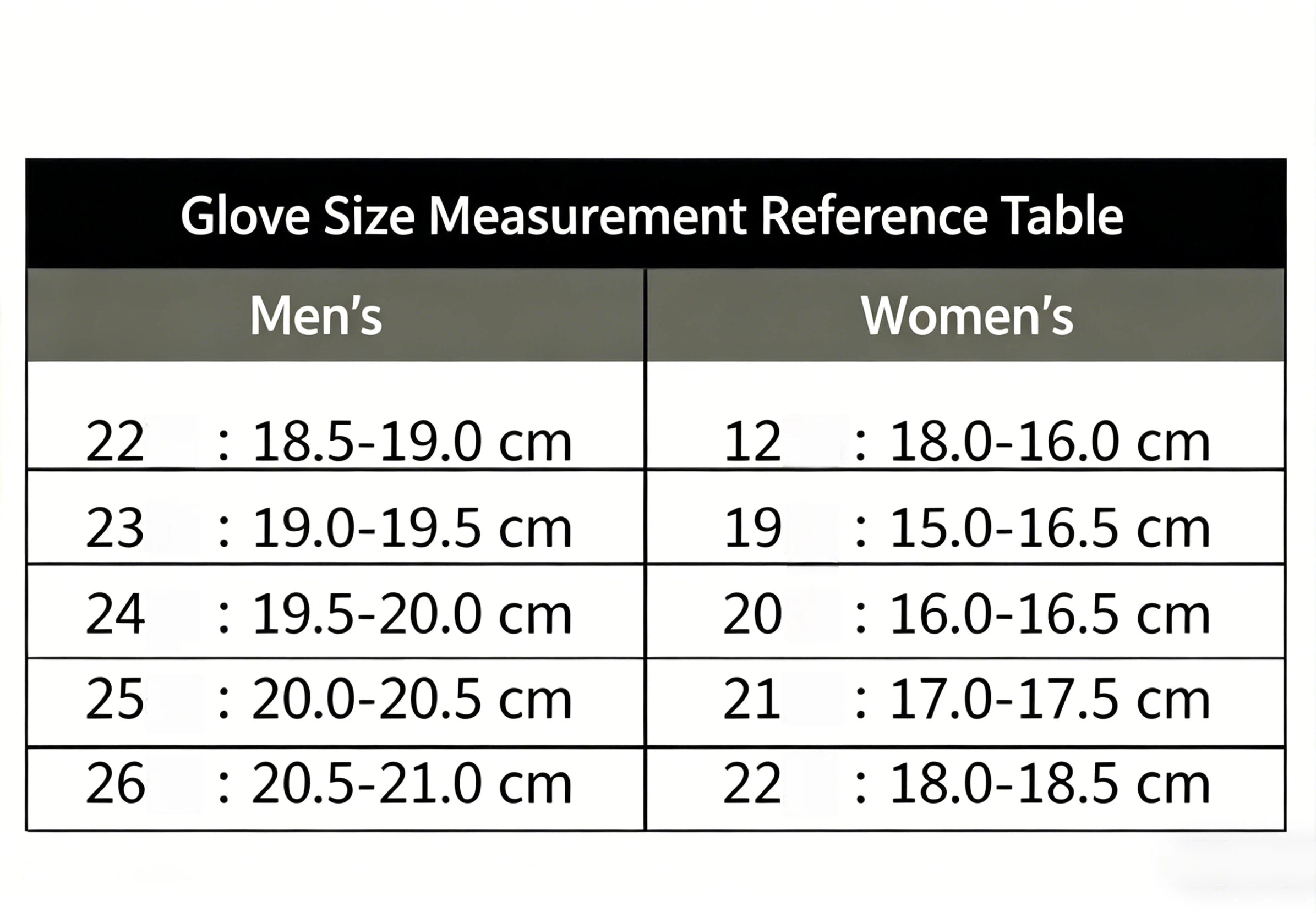 Glove size measurement reference table for FootJoy HyperFLX, showing sizing conversions in centimeters for both Men's and Women's left-hand golf gloves.