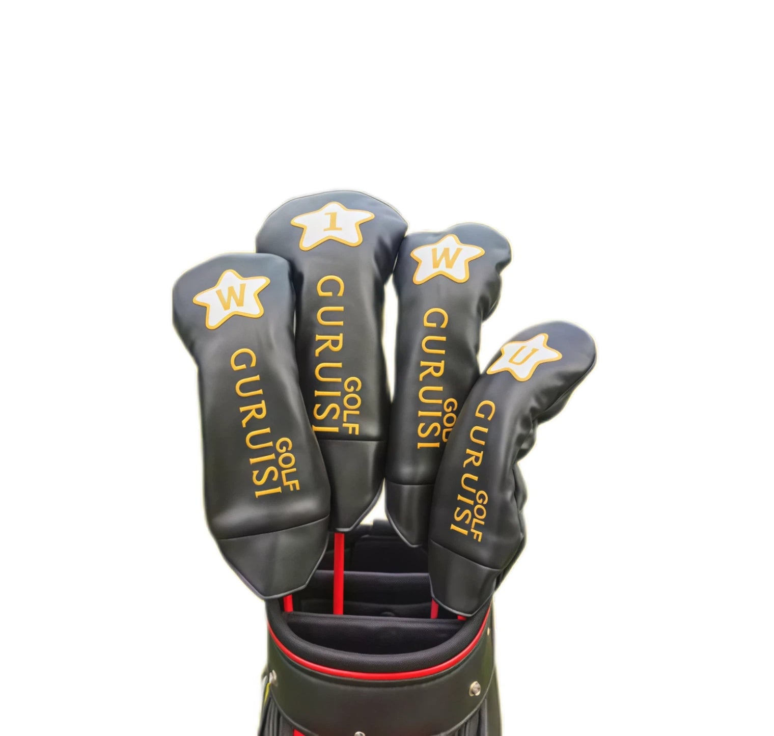 GURUISI Minimalist Black Golf Headcover Set with yellow star logo and "GURUISI GOLF" text, universal fit for driver, fairway, hybrid, and putter, shown in a golf bag.