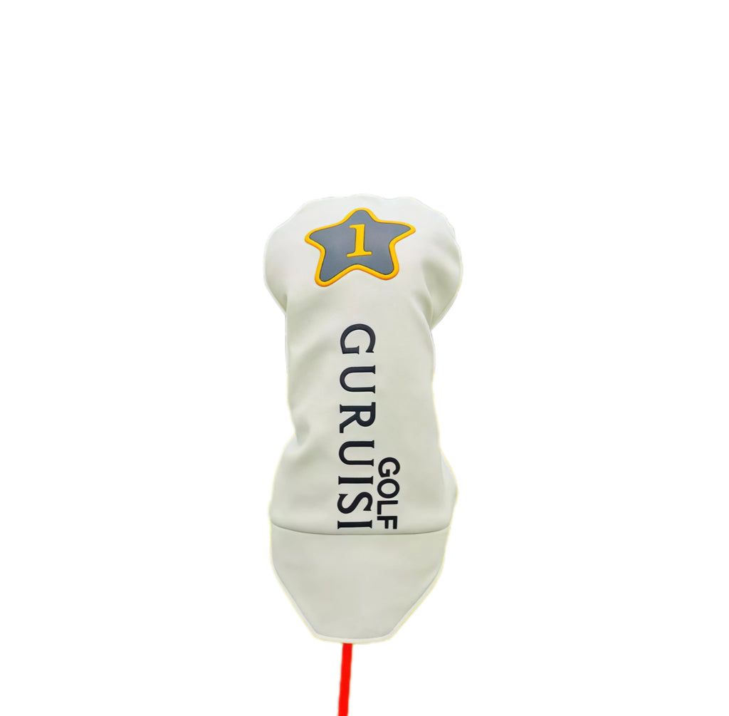 Close-up of a GURUISI Minimalist Driver Headcover in white, featuring a grey star with yellow outline and "GURUISI GOLF" text, designed for universal fit and club protection.