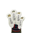 GURUISI Minimalist Golf Headcover Set in white, featuring a grey and yellow star logo with "GURUISI GOLF" branding, includes driver, fairway wood, hybrid, and putter covers, displayed in a golf bag.