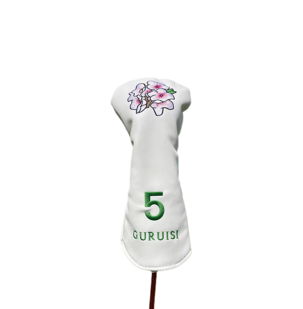 GURUISI white 5-wood headcover with floral embroidery and green number "5" — crafted from soft synthetic leather with magnetic closure for secure fit and long-lasting use.