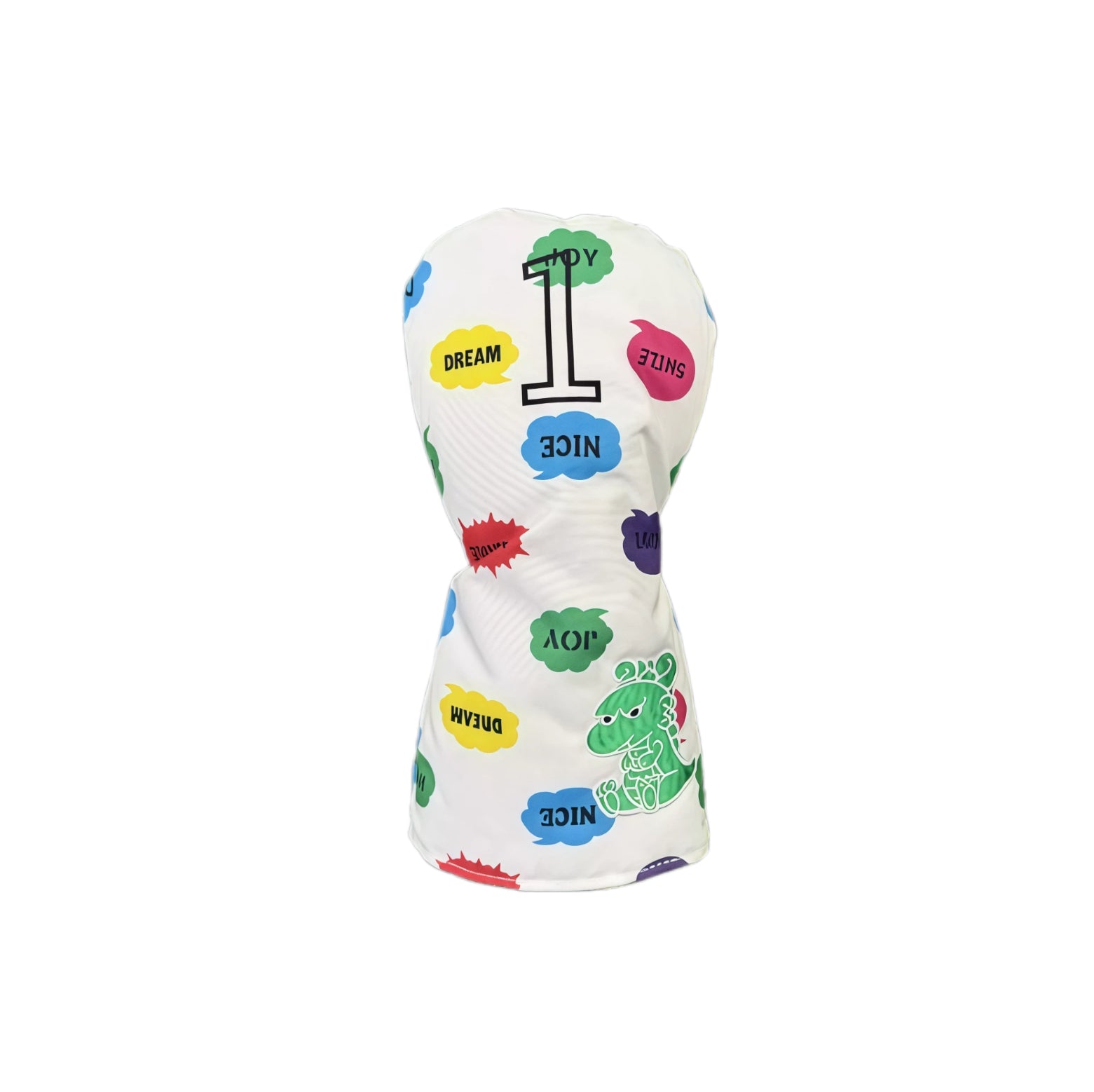 Graffiti canvas golf driver headcover featuring white base with colorful speech bubbles, green dinosaur print, and bold “1” lettering, designed for durable protection and playful style.