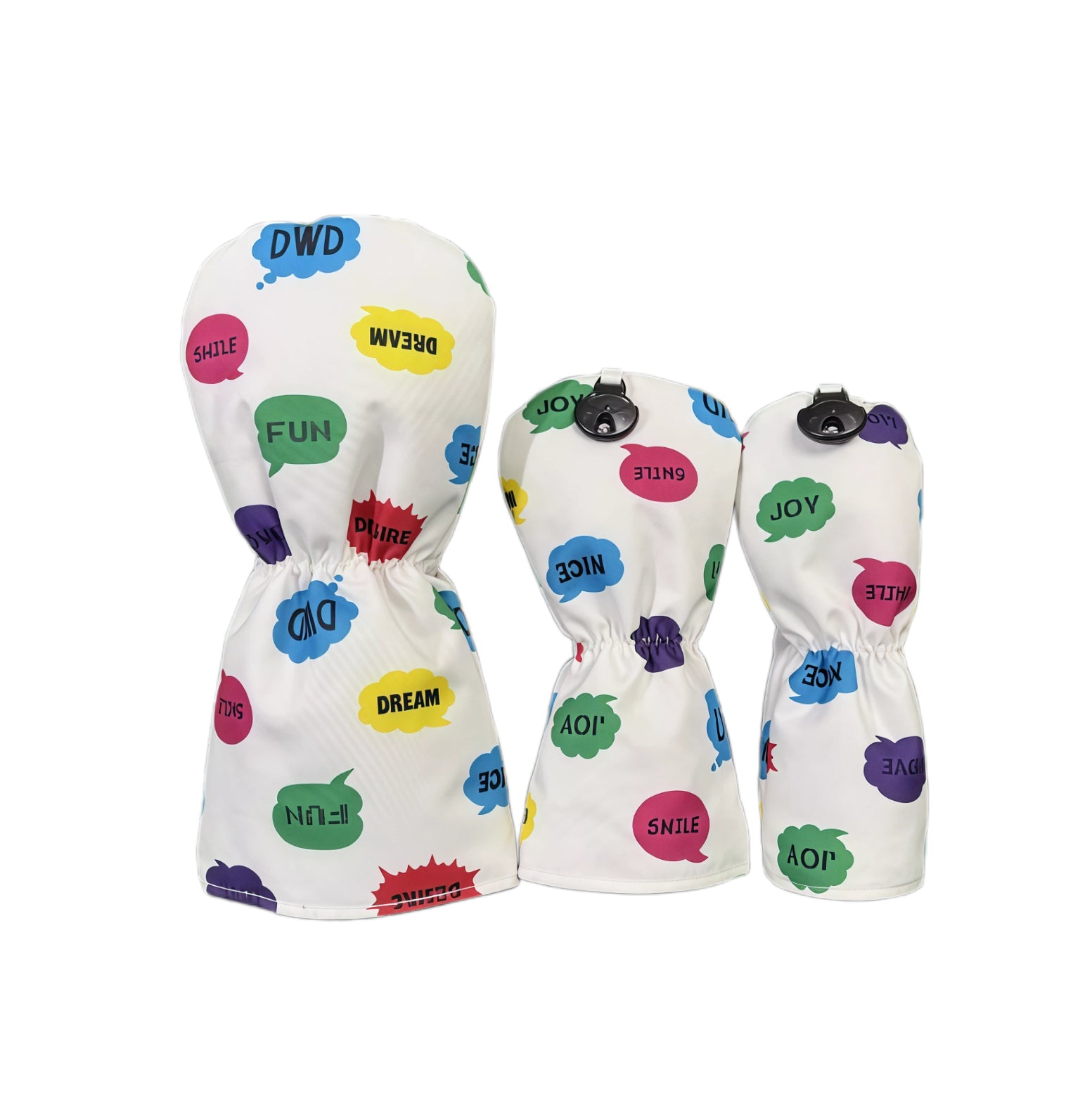 Back view of graffiti canvas golf headcovers set showing elastic closure and colorful bubble pattern, designed for secure fit and durable protection on golf clubs.