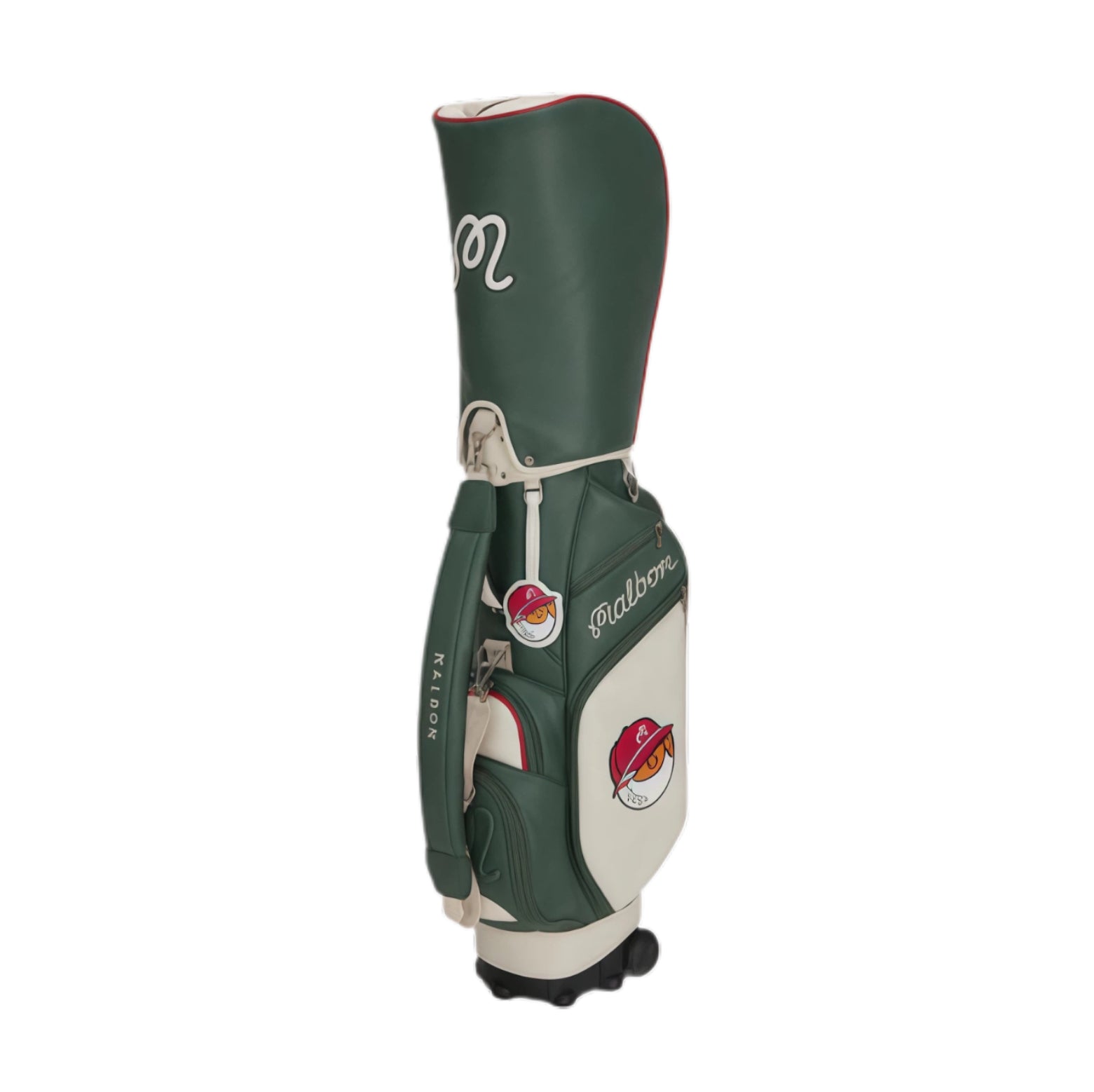 Dark green Malbon Golf cart bag with white accents and red piping. Features a premium design with wheeled base, side pockets, and embroidered "Malbon" branding for a classic look.