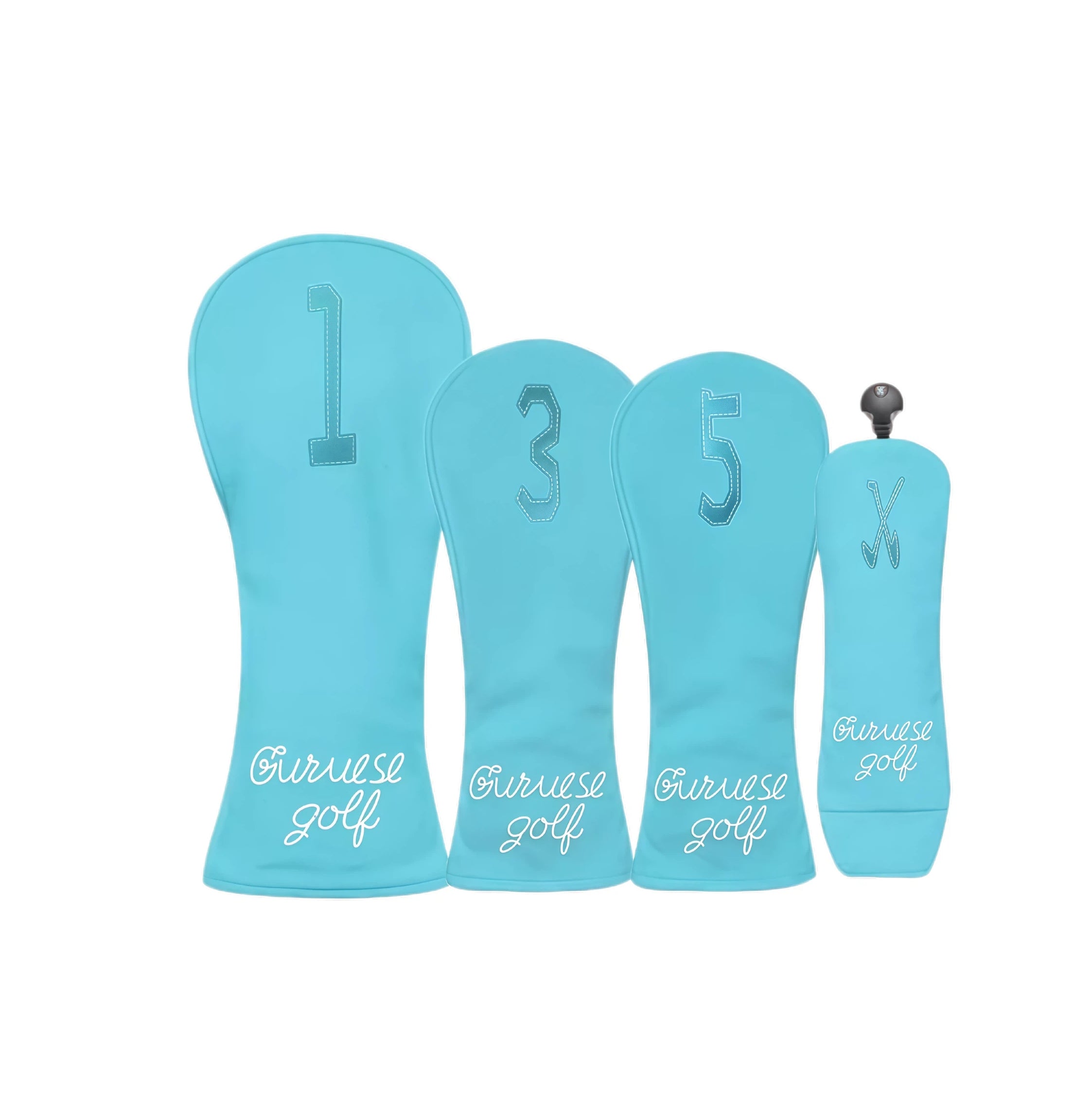 Sky blue Guruese Golf headcover collection showcasing light-blue stitched numbers (#1, #3, #5, X) and white handwritten-style “Guruese golf” text; ideal for players seeking color-coordinated, low-profile club protection.