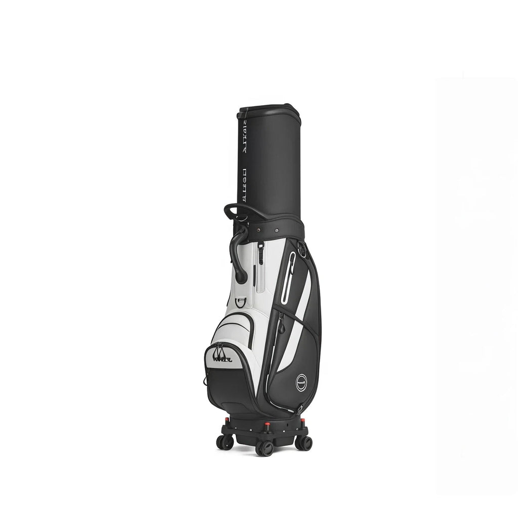 Front view of the HELIX H95236 luxury golf cart bag in black and white, showcasing its durable construction, multiple compartments, top handle, and four-wheel base for easy mobility.