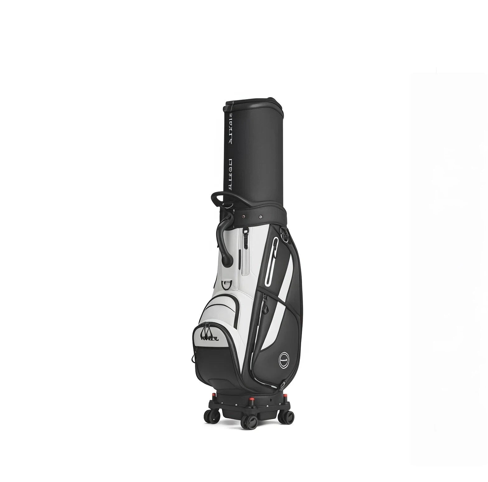 Front view of the HELIX H95236 luxury golf cart bag in black and white, showcasing its durable construction, multiple compartments, top handle, and four-wheel base for easy mobility.