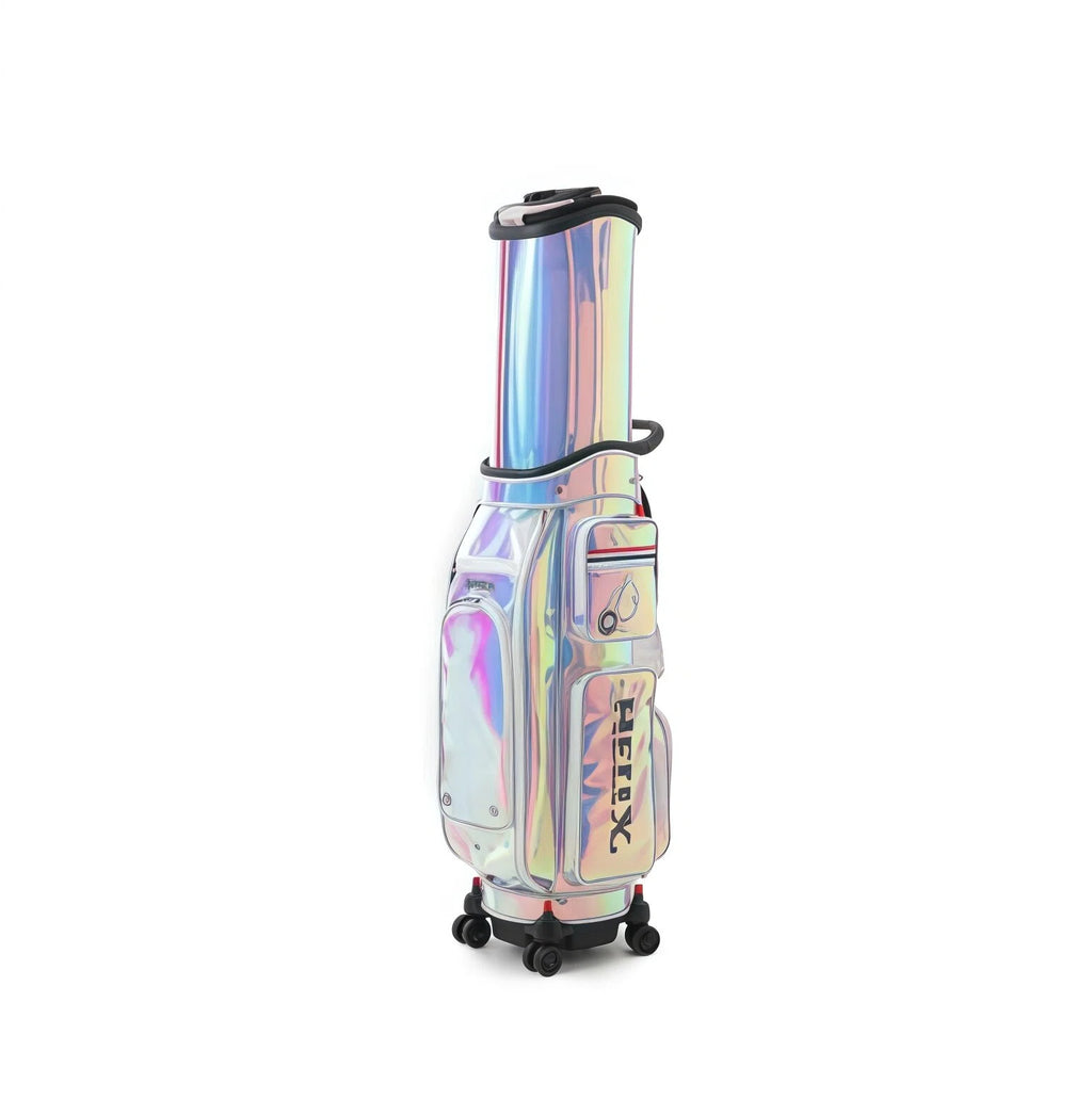 Front view of the HELIX Jungle Collection golf cart bag H95210 featuring a vibrant iridescent rainbow finish, multiple zippered compartments, black trim, and dual wheels for easy mobility.
