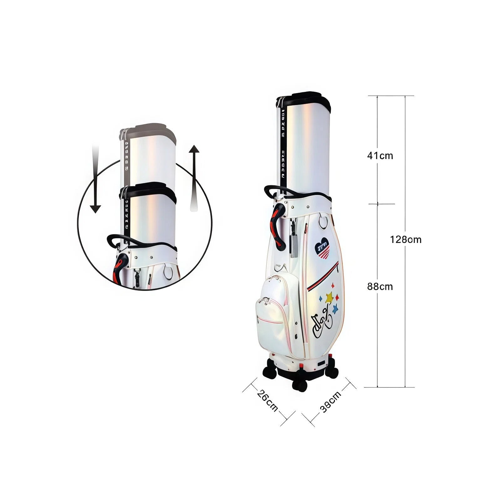 Size diagram of the HELIX Vibe Collection golf cart bag showing dimensions: 128cm total height, 41cm top diameter, 88cm main body, 38cm width, and 26cm depth — ideal for full-size clubs and accessories