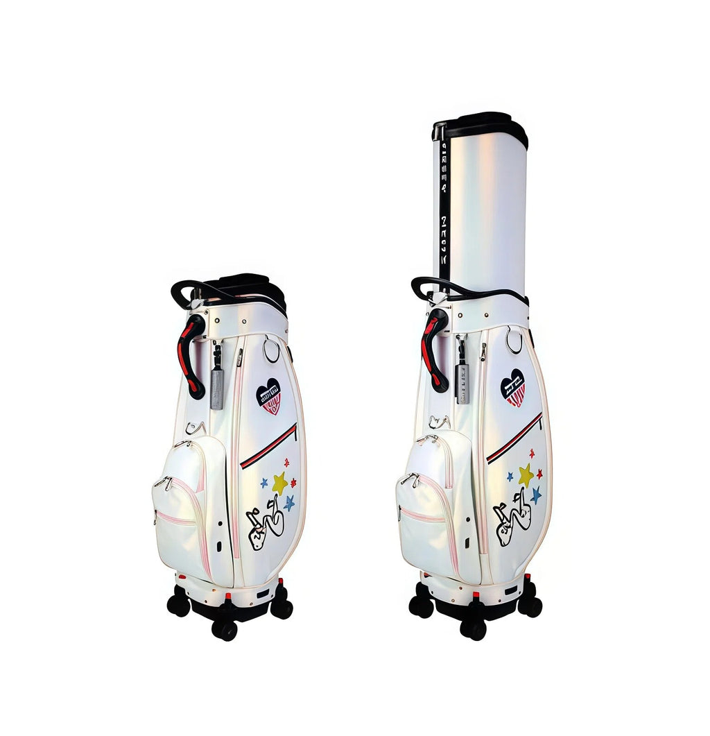Dual-angle display of the HELIX Vibe Collection golf cart bag H95176 highlighting its iridescent surface, multiple pockets, red-accented handle, and durable 4-wheel base system.