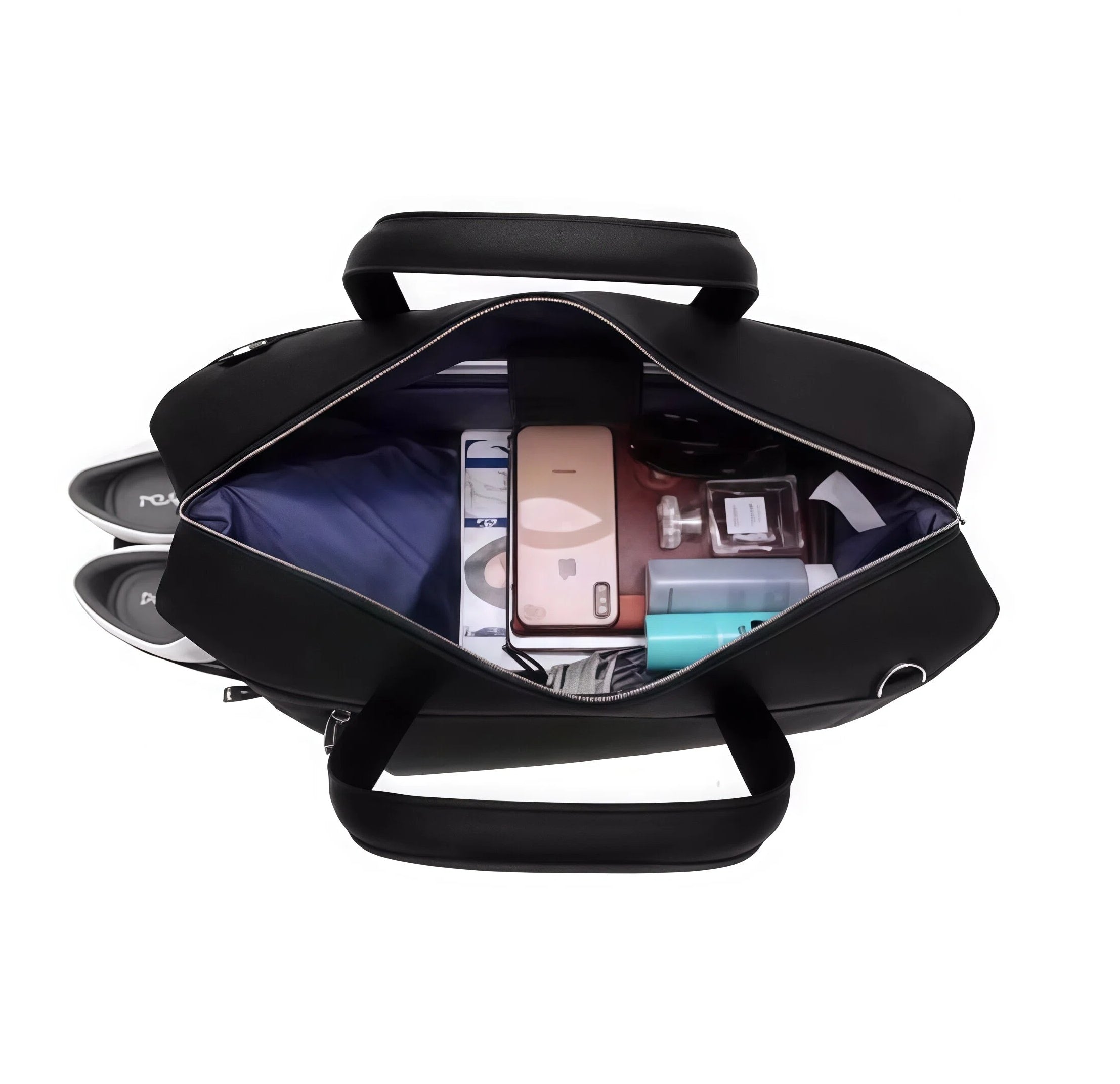 Open top view of the PGA Official Golf Duffel Bag revealing a spacious interior with organized storage for phone, wallet, toiletries, and shoes. Features navy lining and padded dividers.
