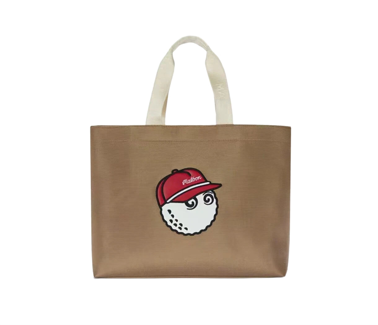 Beige khaki Malbon Golf tote bag with adorable golf ball mascot wearing a red cap, ideal as a fun and practical accessory storage bag.