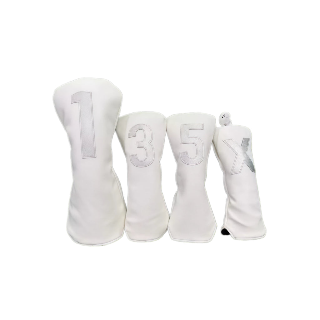 White Korean style PU golf headcovers set featuring large silver embroidered numbers “1”, “3”, “5”, “X” for driver, fairway and utility clubs, with elastic hem and durable protection.