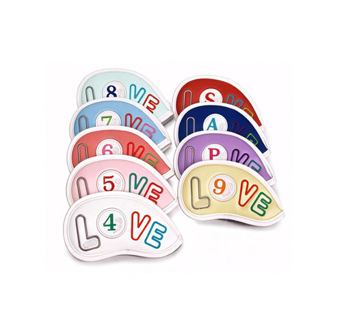 LOVE women's golf iron covers set featuring 9pcs soft PU leather headcovers with colorful LOVE lettering and numbers 4-9, P, A, S, offering stylish protection for golf clubs.