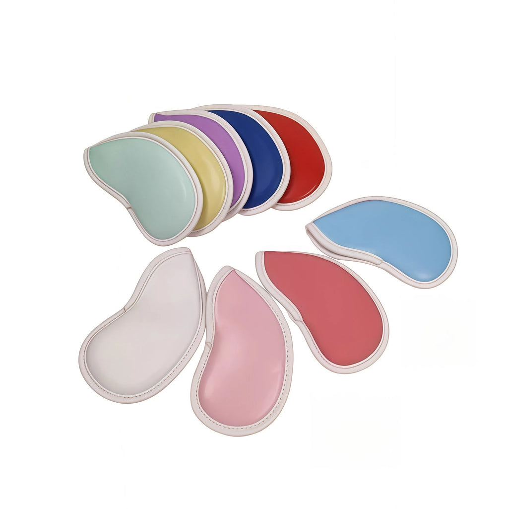 LOVE women's golf iron covers set showing back view of 9pcs soft PU leather headcovers in solid pastel colors, compatible with standard golf irons and offering durable protection.