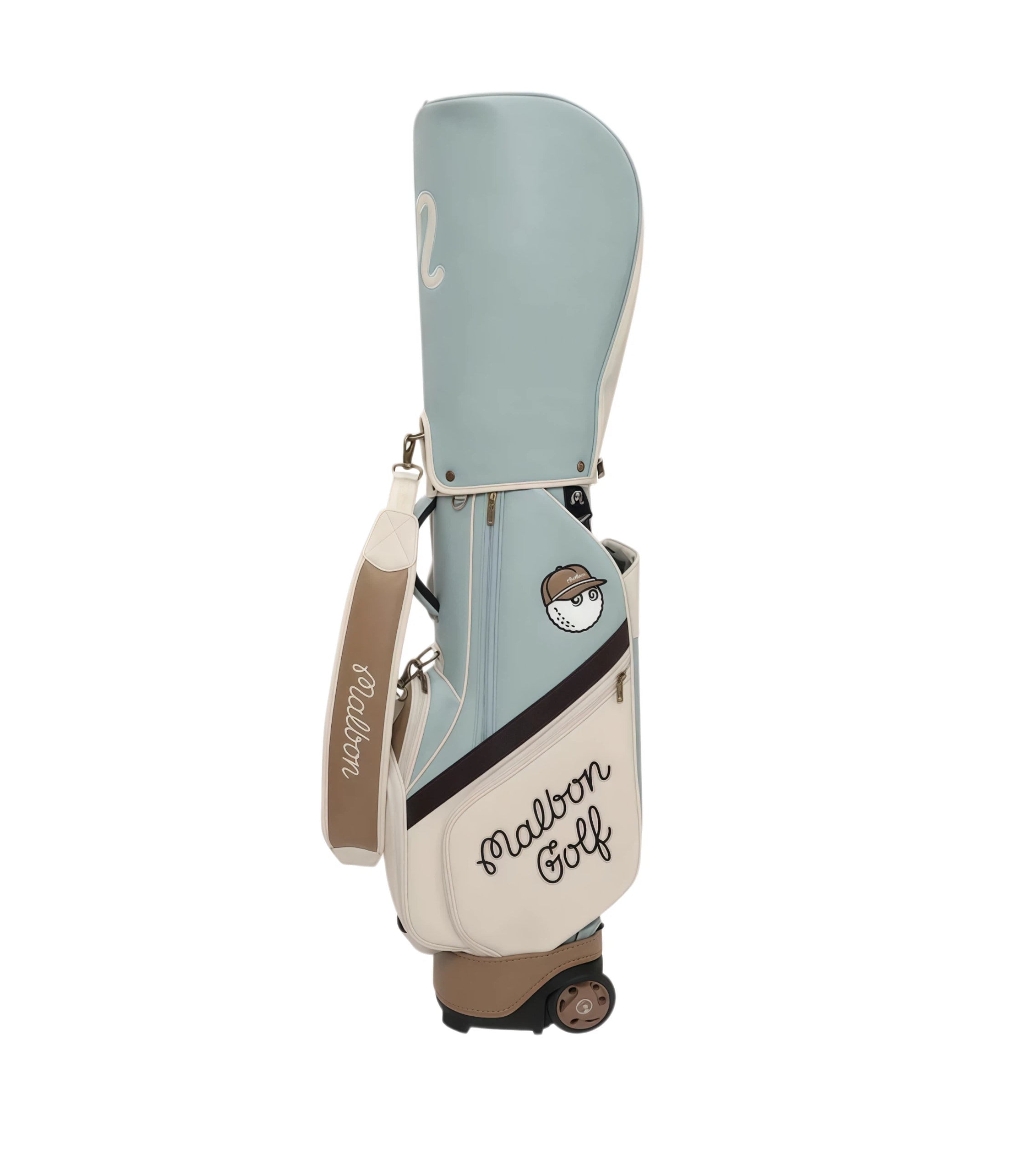 Malbon Golf Classic Wheeled Stand Bag in light blue with cream accents, featuring cartoon golf ball mascot and 'Malbon Golf' script logo on side pocket.