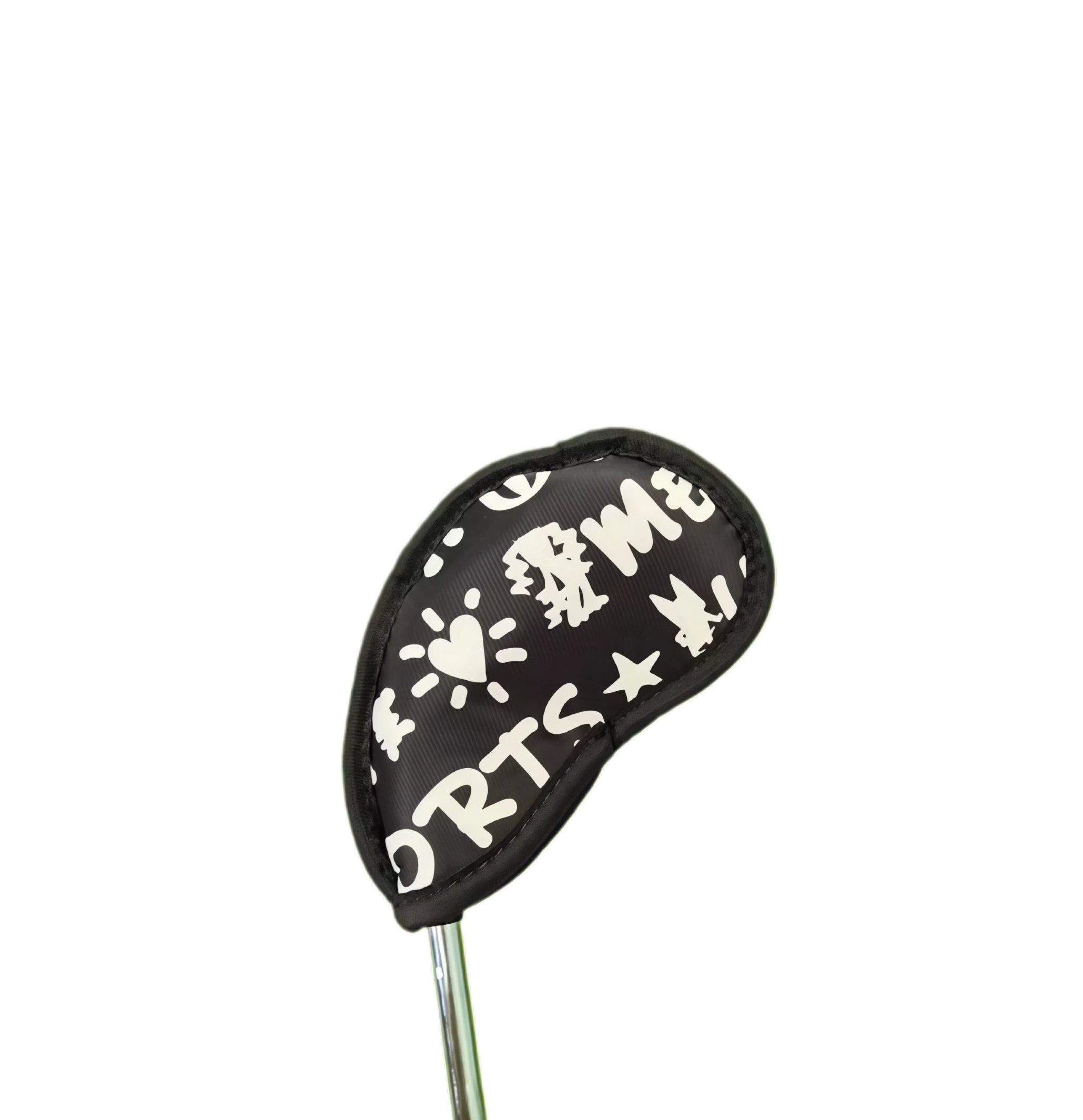 Back view of MU cartoon print golf iron cover showing white text “SPORTS” and symbols like heart and star on black fabric, designed for sand and wedge clubs with anti-scratch nylon material.