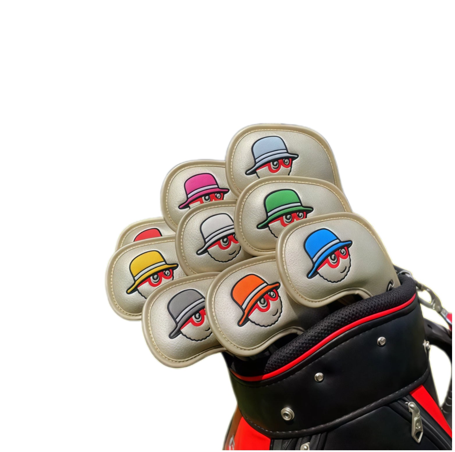 Beige leather-texture Malbon-style golf headcovers with red-glassed cartoon characters in rainbow bucket hats; nestled in golf bag to show premium material quality and reliable magnetic attachment for quick club retrieval.