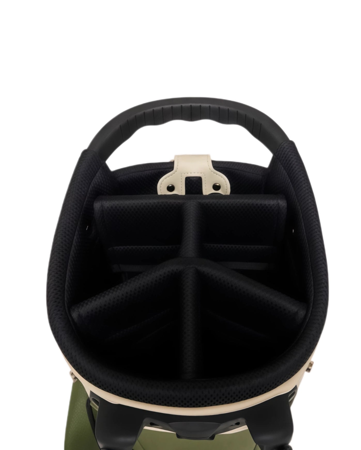 Top view of Malbon Artigianale golf bag interior showing padded club dividers and black mesh lining; designed to protect clubs and maintain organization.