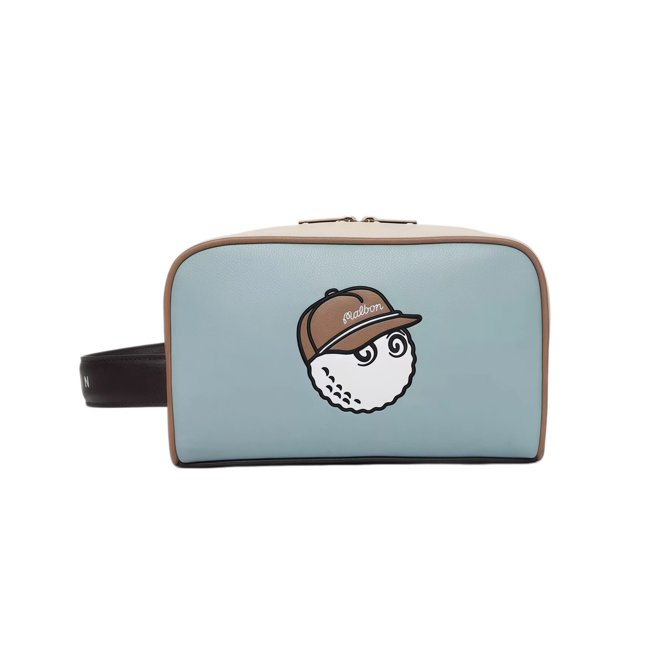 Light blue Malbon mini accessories bag with golf ball character wearing a brown cap. Lightweight, stylish, and perfect for golf gear or daily essentials.