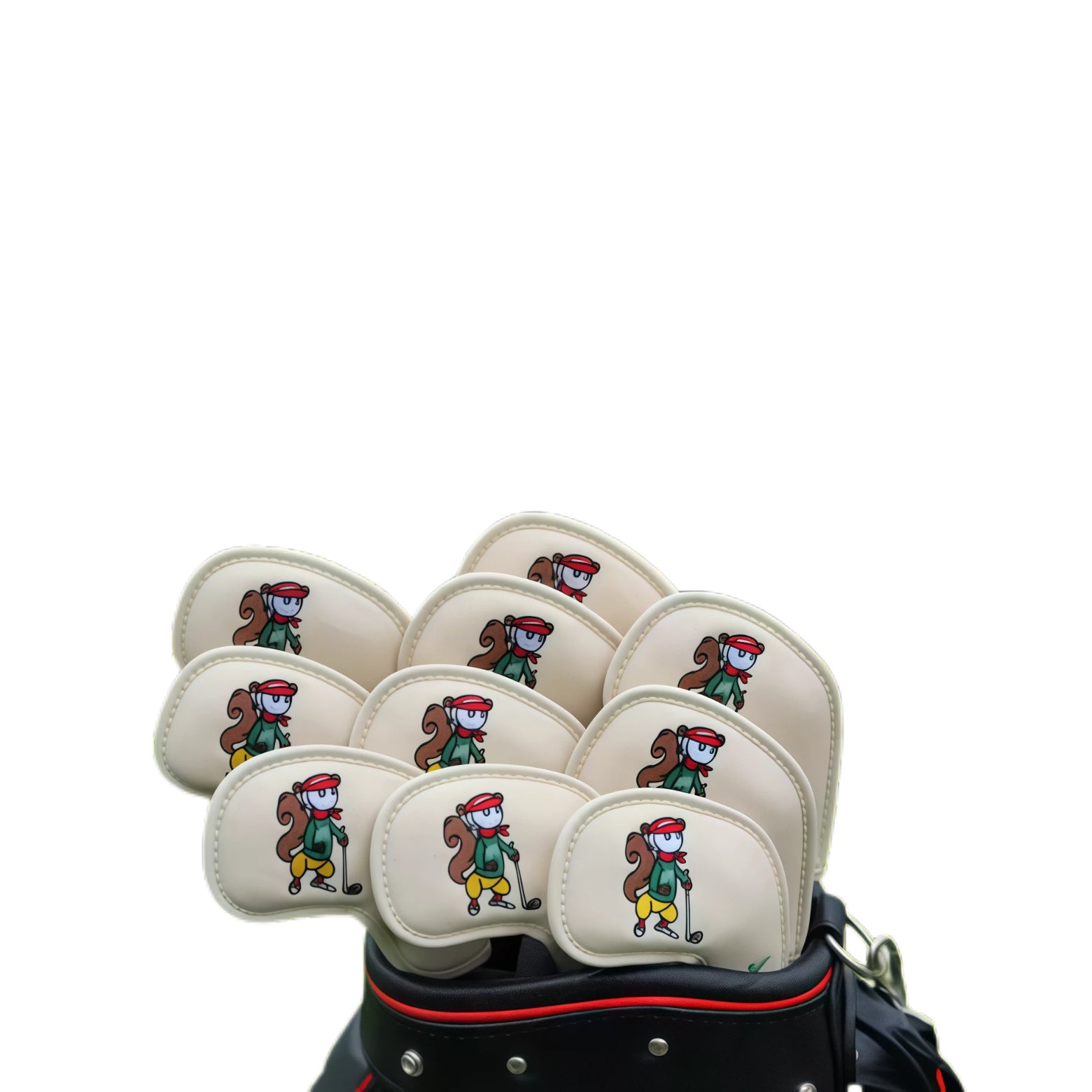 Malbon Caddie Embroidered Golf Iron Headcovers Set in beige with cartoon squirrel caddie embroidery - magnetic closure PU leather covers for 4, 5, 6, 7, 8, 9, A, P, S, X irons - durable and dust-proof protection for golf clubs